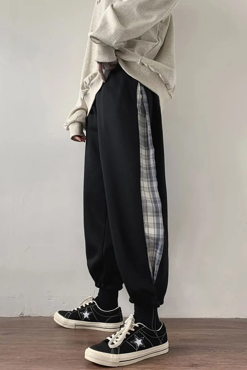 

2021 Autumn And Winter New Youth Popular Loose Stitching Thickened Drawstring Sweatpants Fashion Casual Tie Pants Black/grey