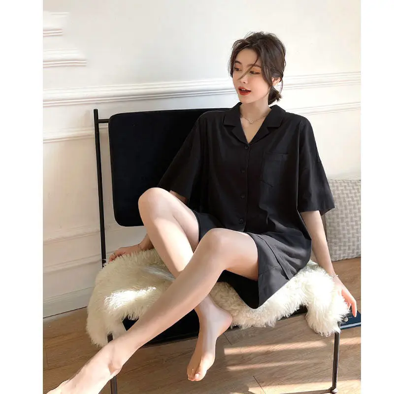 QWEEK Pajamas for Couples Brief Black 2 Piece Female Sets Sleepwear Solid Pijama Summer Suits with Shorts Pyjamas Loungwear Pjs