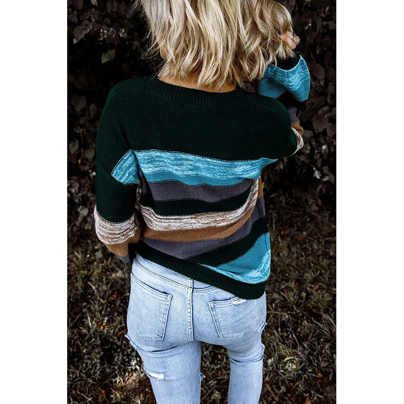 

2021 Multicolor Color Block Highlight Balloon Sleeve Plus Size Sweater Round Neck Pull Femme Hiver Woman Sweaters Kobieta Swetry