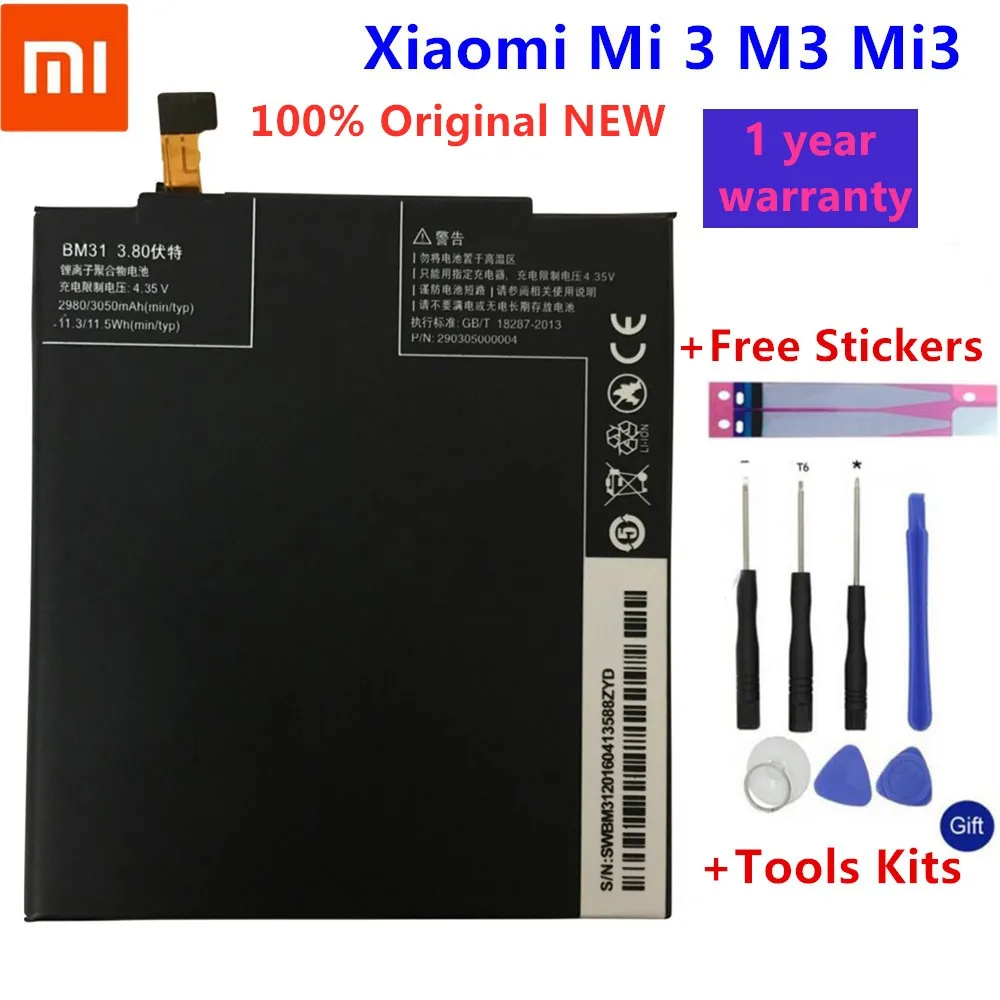 

Оригинальный сменный аккумулятор Xiao mi для Xiaomi Mi 3 M3 Mi3 BM31, оригинальный аккумулятор для телефона, 3050 мАч, Подарочные инструменты, наклейки