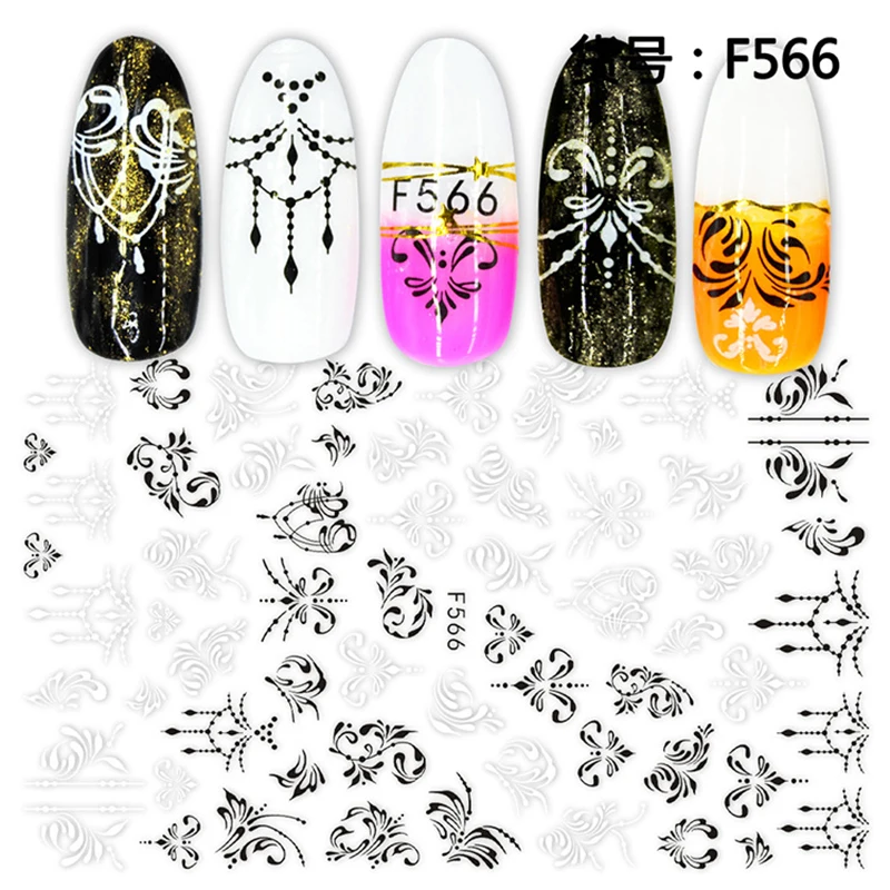 1pcs black white flower 3D Nail Sticker Retro Lace Maple leaf Pattern Art Adhesive Decals Cool Design Wraps Manicure | Красота и