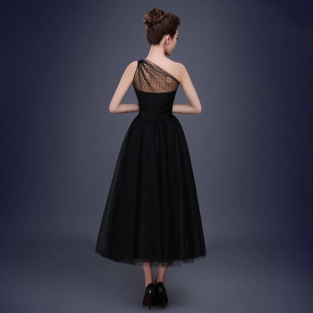 New Black Prom Dresses 2020 One Shoulder Pleats Polka Dot Tulle Tea Length Party Evening Gowns Vestido De Festa | Свадьбы и