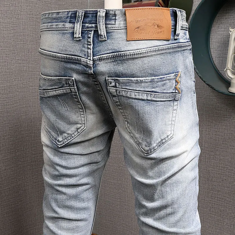European Vintage Fashion Men Jeans Retro Light Blue Elastic Slim Ripped Jeans Men Embroidery Designer Korean Casual Denim Pants