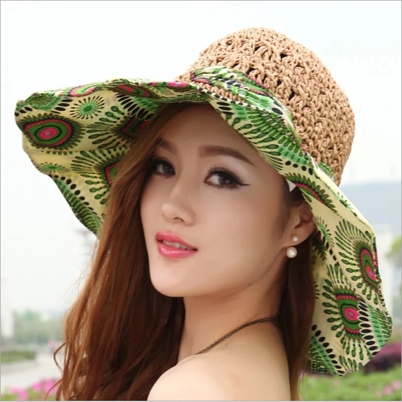 

Breathable Straw Bucket Hat Summer Floppy Hollow String Bow Wide Brim print Fishing Hats Beach Sun Protection Caps Dropshipping