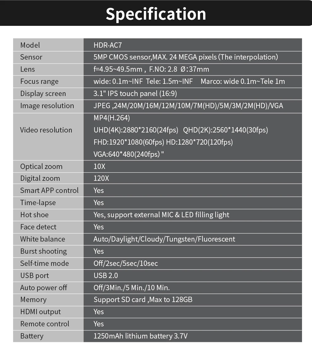 Ordro HDR-AC7 4K UHD видеокамера 10x оптический зум 3,1 ''ips Wi-Fi камера рекордер поддержка микрофона широкоугольный объектив 24mp