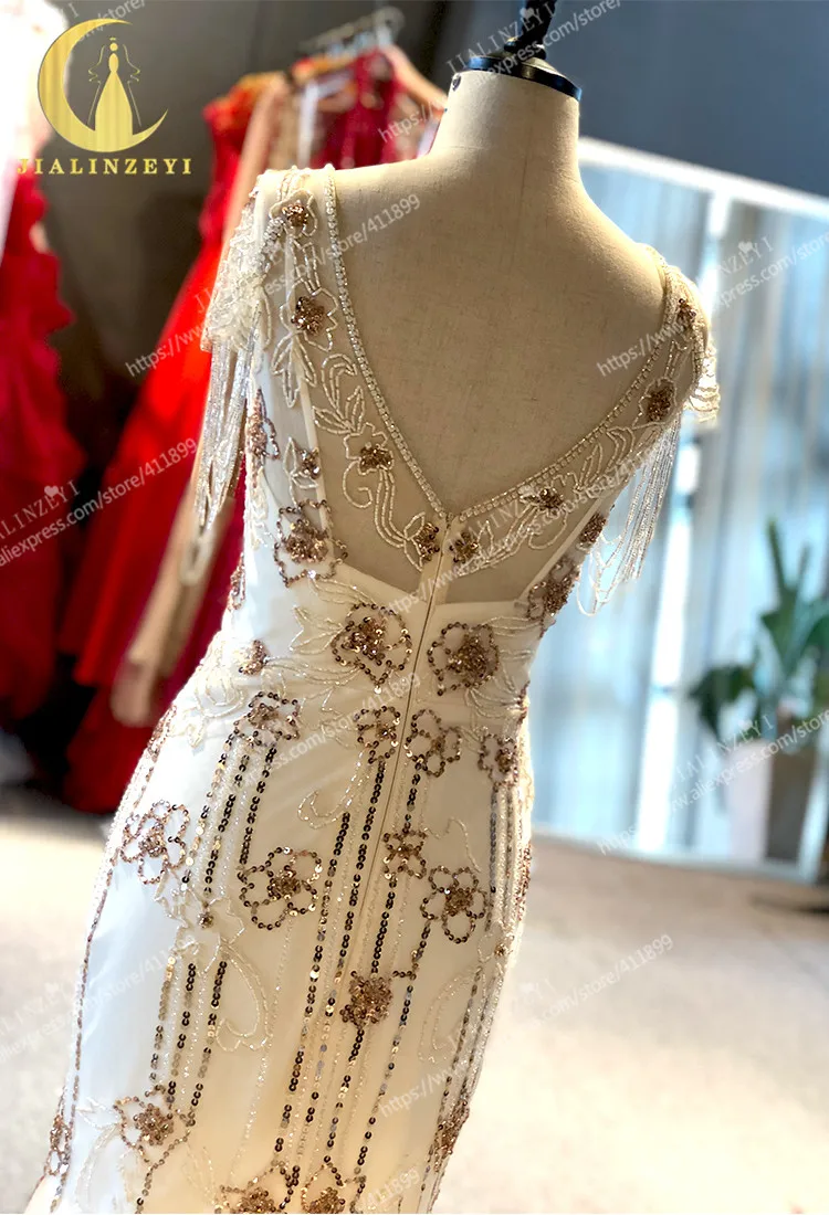 Rhine real Pictures V neck with Gold beads Mermaid Prom dresses arabic evening dresses long