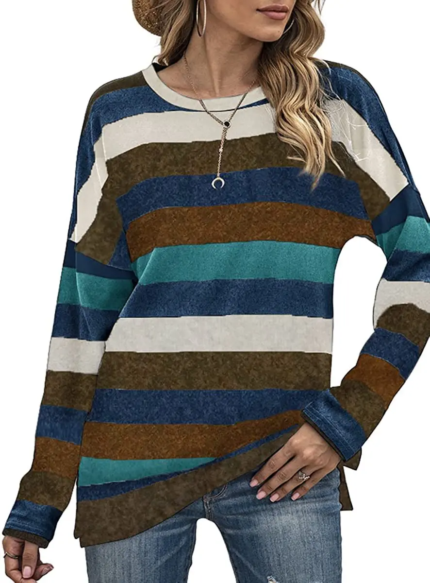 

2021 Fashion Spring and Autumn Striped Printed Long Sleeve T-shirt Top Casual Round Neck Pullover women clothing