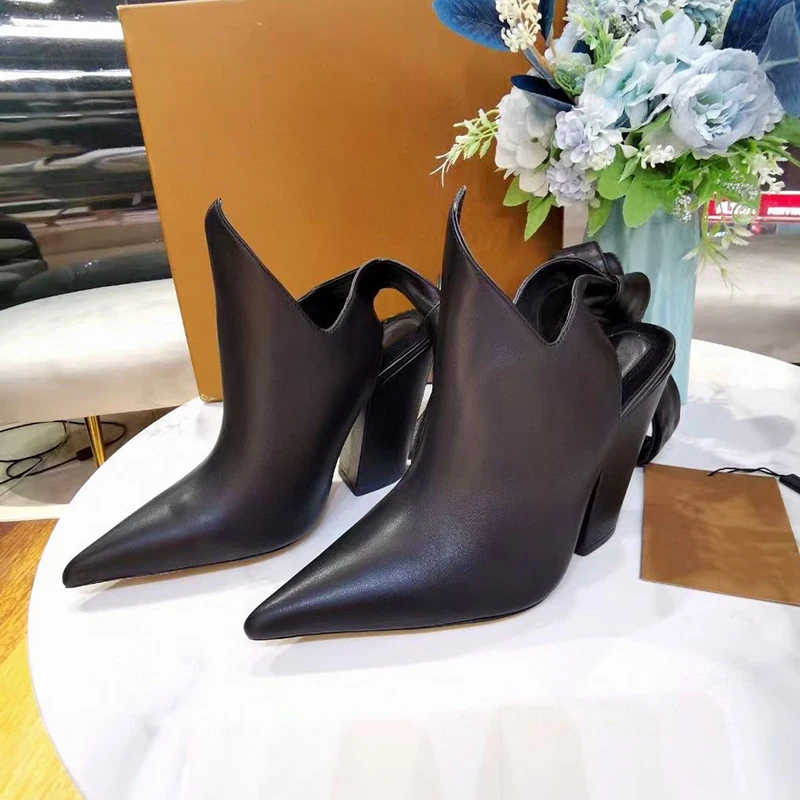 

Women's Real Leather Thick Heel Pumps Female Pointed Toe Cross-Tied High Heels Summer Ankle Strappy Slingback Party Dress Shoes