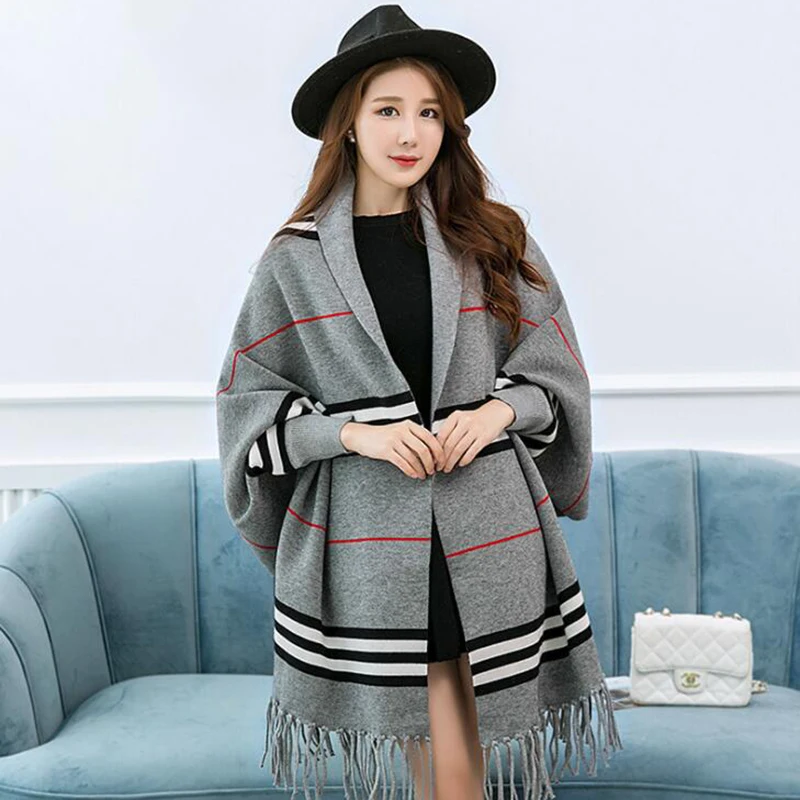 Модный женский вязаный кардиган весна осень stripeMid длинные кисточки свитер-накидка пальто шаль s300