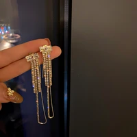 mengjiqiao korean elegant shiny rhinestone long tassel after hanging drop earrings for women girls fashion pendientes jewelry