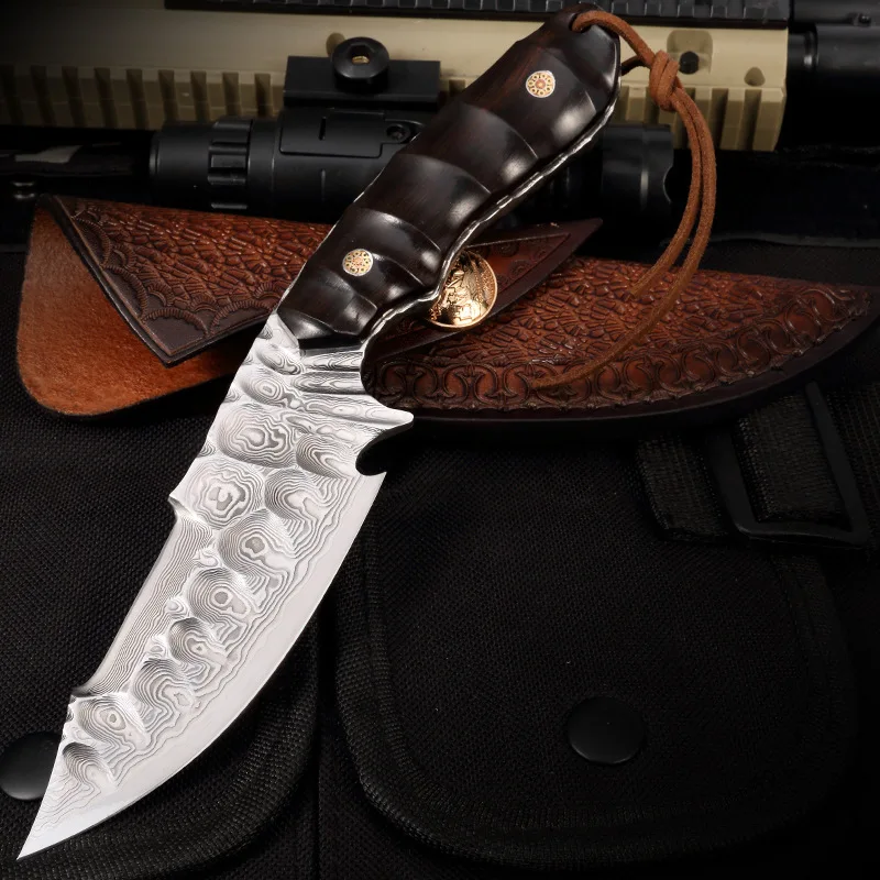

Охотничий нож из дубленой кожи VG10, ручка из черного дерева, дамасская сталь, для самозащиты, выживания, прямой подарок