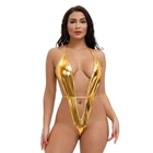 Сексуальный купальник-бикини, женский купальник, цельный бикини, бикини из лакированной кожи, яркий цвет, V-образный, с лямкой на шее, кружевные стринги