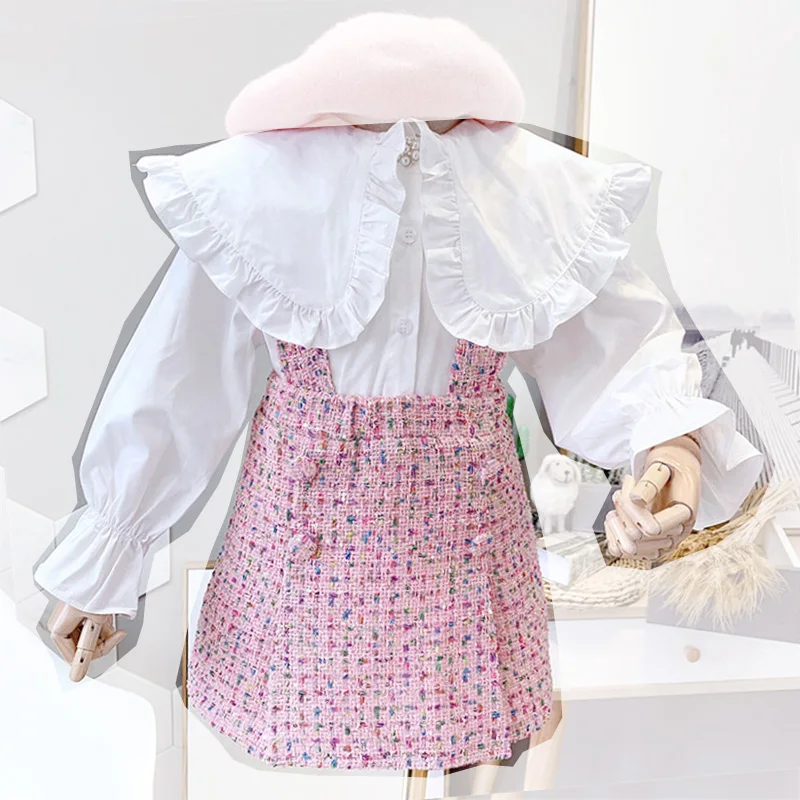 pink white Весенне-осенний комплект из 2 предметов для девочек, блузка для малышей+ юбка на подтяжках, Детский костюм, детская брендовая одежда с оборками на шее, в клетку, для детей от 2 до 7 лет - Цвет: pink white