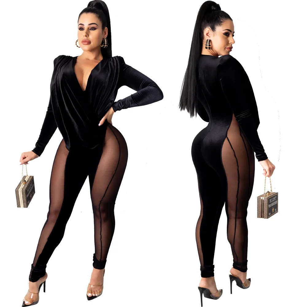 

Комбинезон Zoctuo женский однотонный, сетчатый пикантный комбинезон в стиле пэчворк, клубвечерние вечерний комбинезон с глубоким V-образным в...