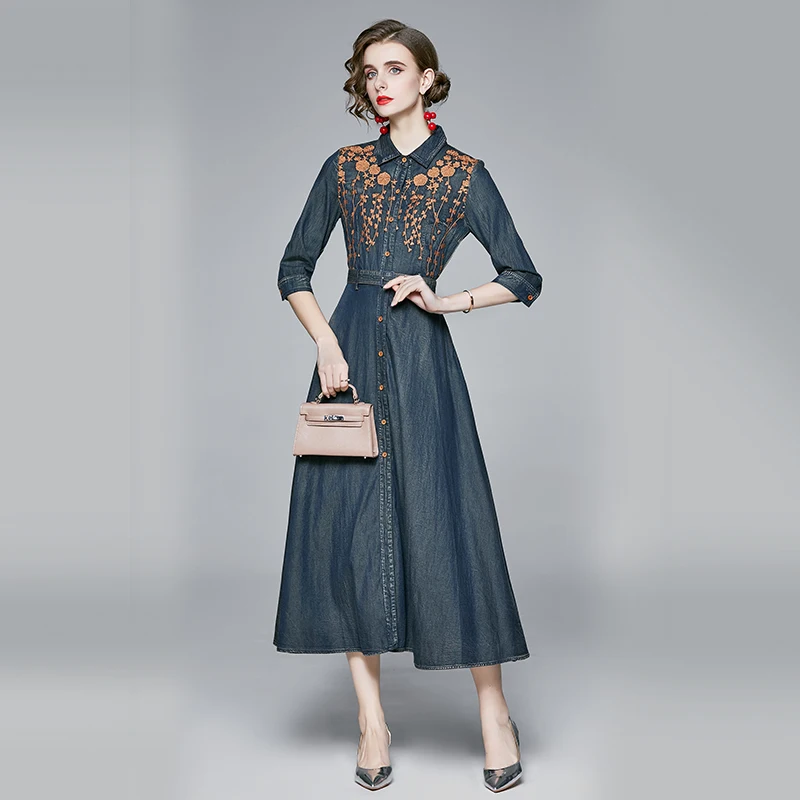 

JSXDHK Luxury Flower Embroidery Denim Dress Elegant Autumn Women Single Breasted Three Quarter Female Jean Long Dress With Belt