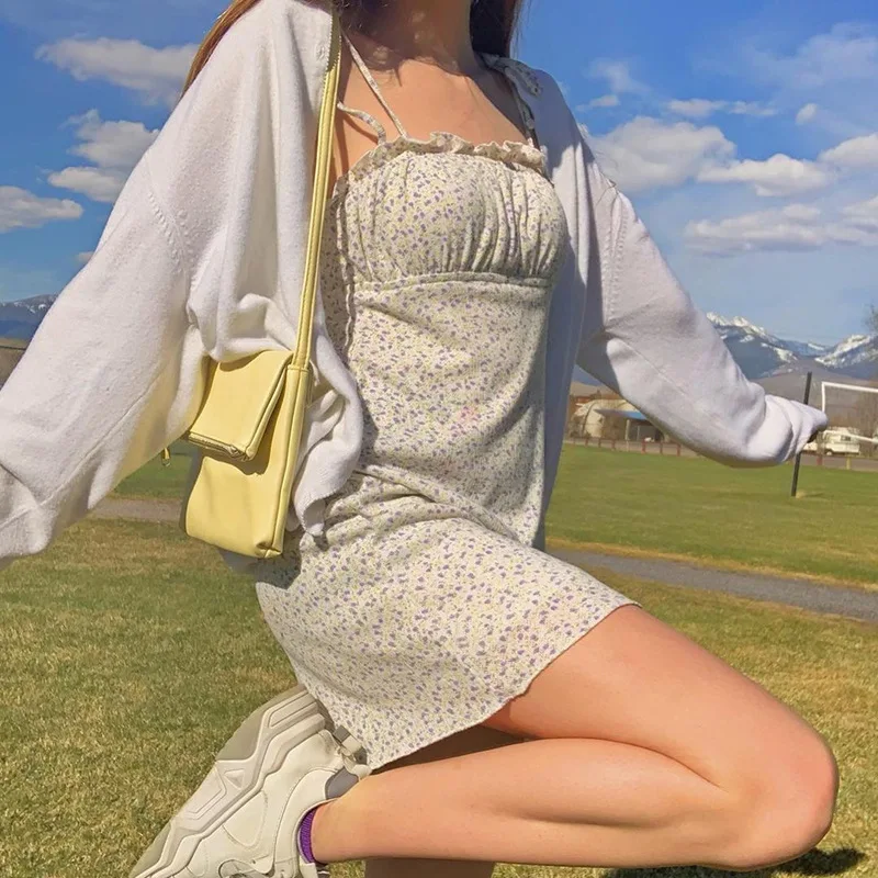 

Women's holiday dress with small floral straps