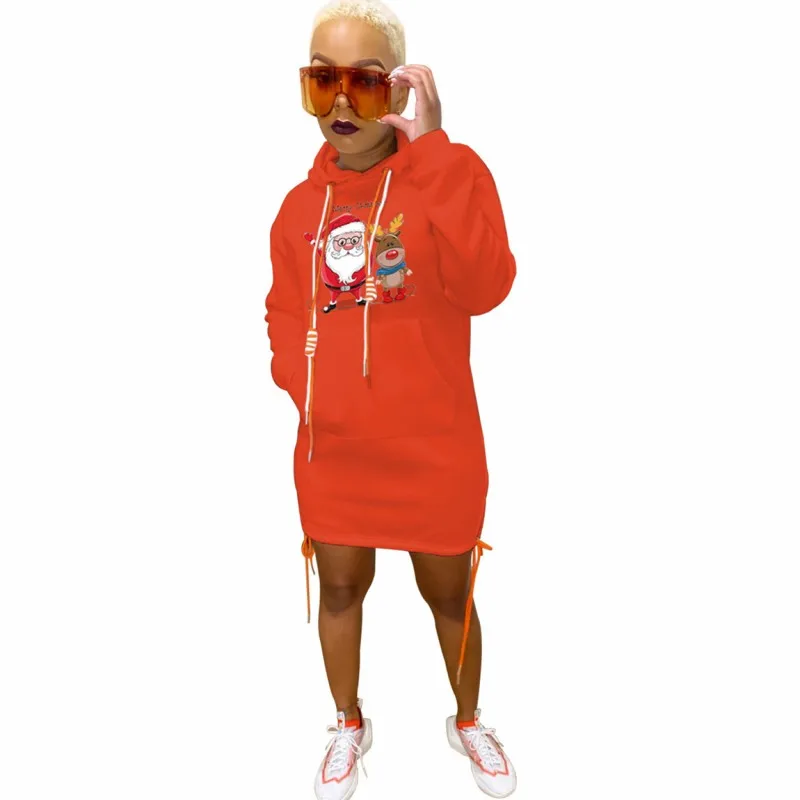 

Tracksuit Hoodies Dress Women Front Pocket Full Sleeve Knee Length Outfits Autumn New Santa Claus Print Casual Short Dress 2021