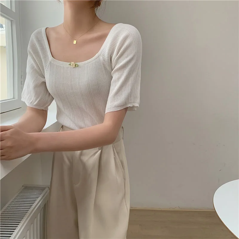 Женская трикотажная футболка элегантный тонкий топ с коротким рукавом и