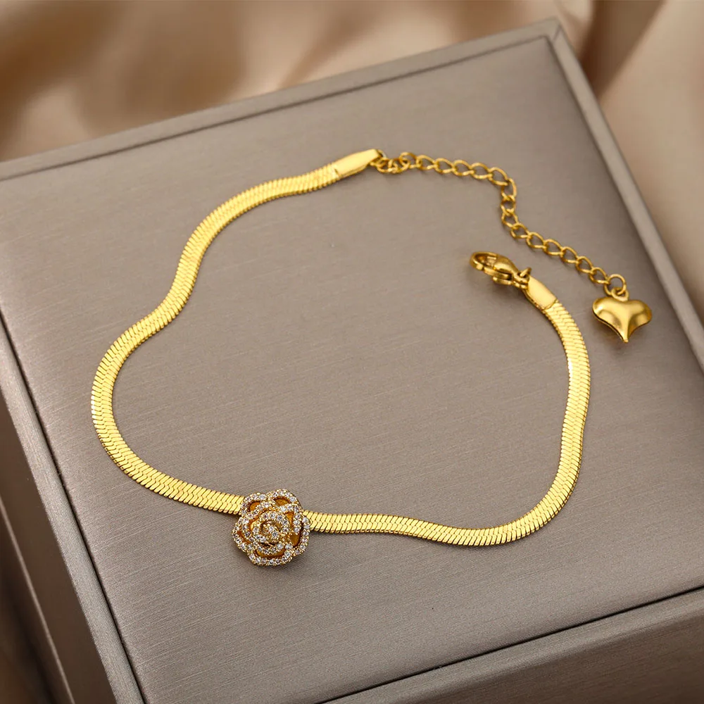 

Rose flower Anklets for Women Stainless Steel Snake Chain Gold Anklet Bohemian Zircon Floral Leg Ankle Bracelet Foot Jewelry