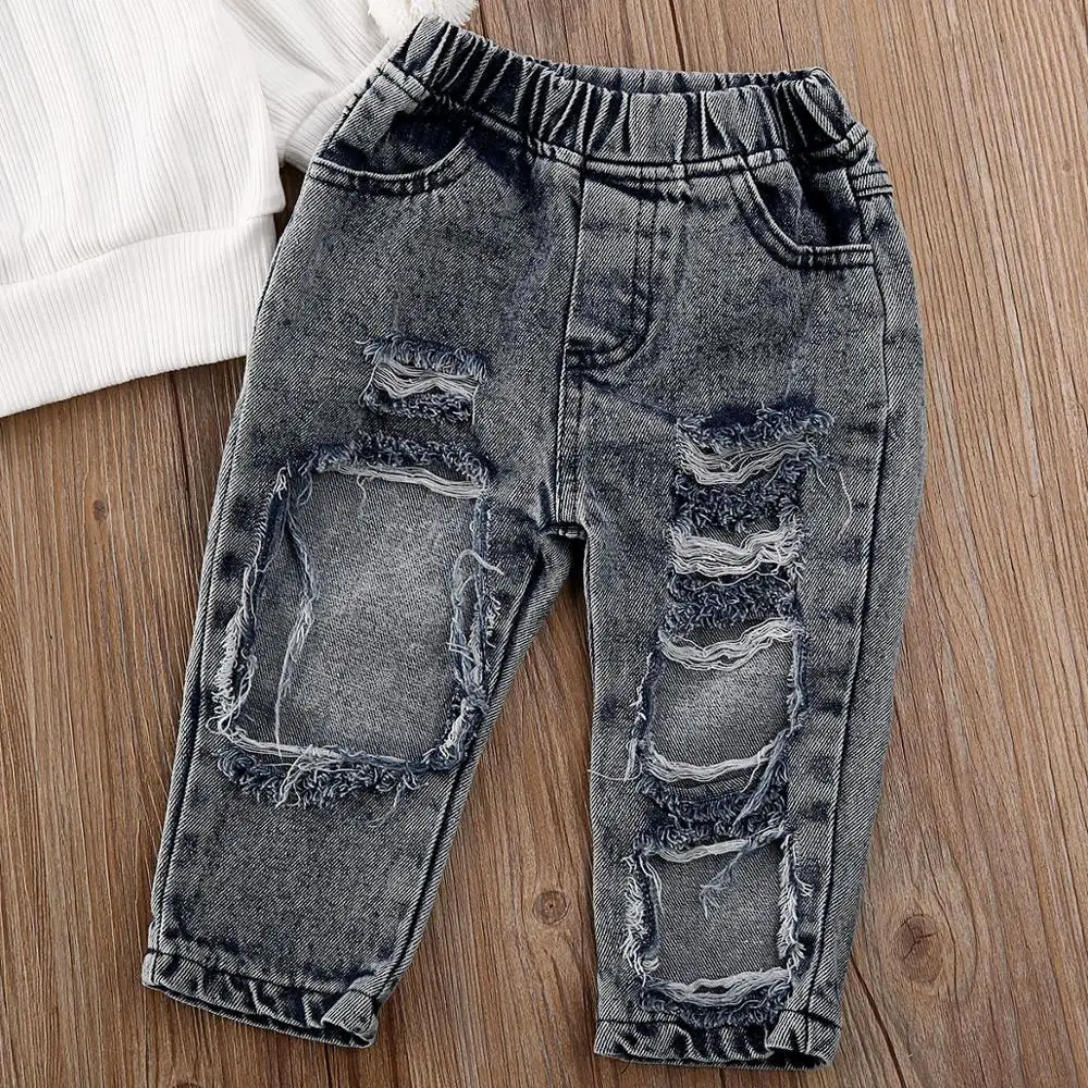 

ZWF545 Toddler Baby Girl Clothes Solid Color Hair Ball Sweater Tops Ripped Denim Long Pants 2Pcs Outfits Cotton Clothes Set