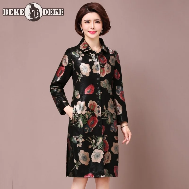 

Vintage Print Flowers Genuine Leather Long Jacket Women Single Breasted Sheepskin Windbreakers Coat New Autumn Female Overcoat