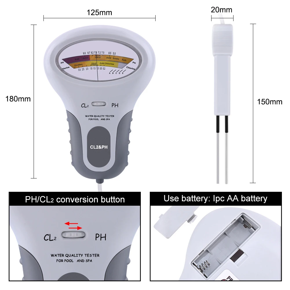 Medidor de PH y cloro portátil para SPA, medidor de nivel de PH Cl2, fácil de llevar, piezas duraderas de calidad del agua para piscina