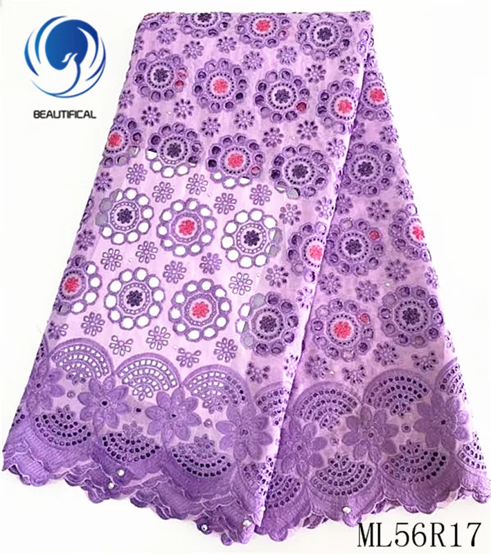 

BEAUTIFICAL Cotton african lace fabrics Fashion purple nigerian voile lace fabric for dress 5yards punch cotton lace ML56R17