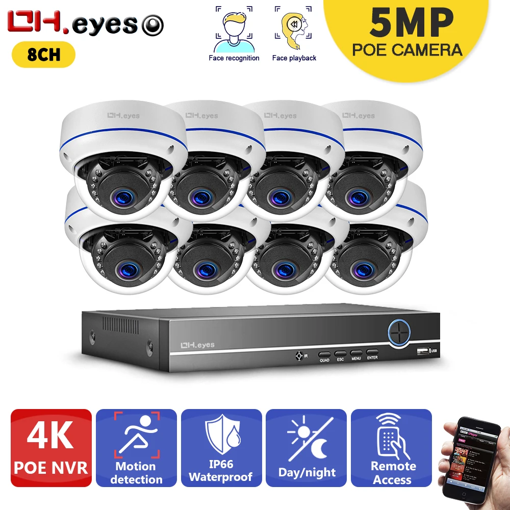 

H.265 48V POE 4K 8MP 8CH AI Human Detection Face Record CCTV NVR Audio Record System 5MP 2592*1944P IP66 POE IP Camera Kit