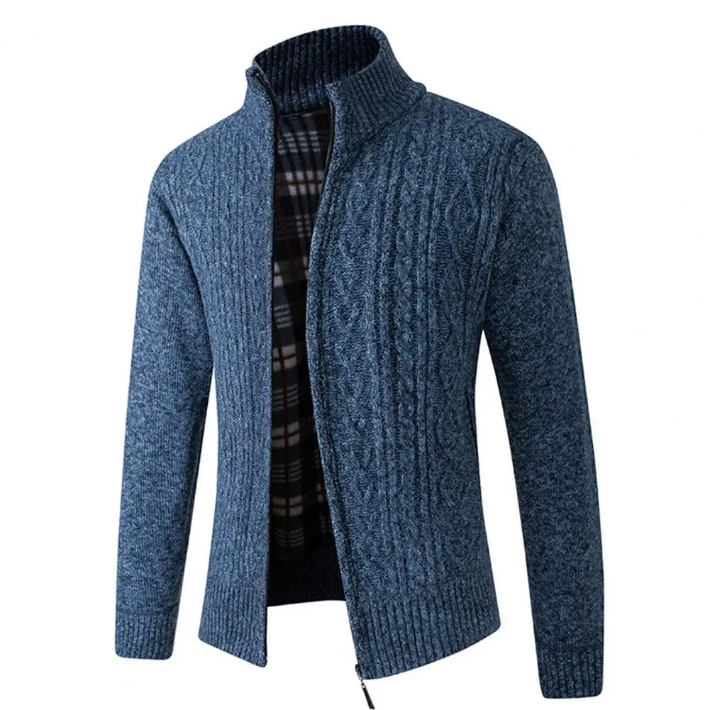 

Men Coat Stand Collar Plush Casual Cardigan Extra Thick Knitted Jacket Zipper Anti-shrink Plush Sweatercoat Men Jacket