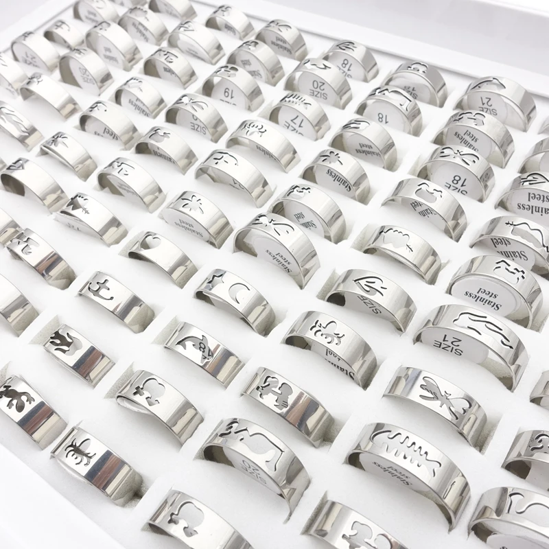 

Wholesale 100pcs Stainless Steel Rings Laser Carved Patterns Fashion Jewelry For Men Women Mix Styles Size 17-21mm