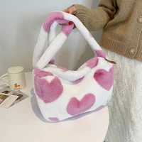 fluffy plush bags for female large capacity love heart print shoulder crossbody shopper bag ladies casual winter handbags wy398