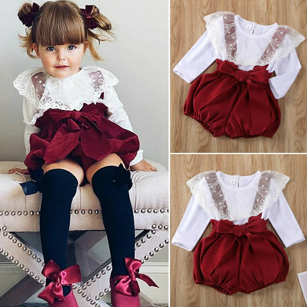 

TELOTUNY Newborn Infant Baby Girls Solid Lace Tops Tee Shirts Straps Shorts Outfits 2PCS Fashion Casual Set Christmas Clothes