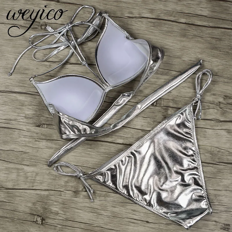 Бикини с пуш ап 2020 женский сексуальный купальник светоотражающий серебристо