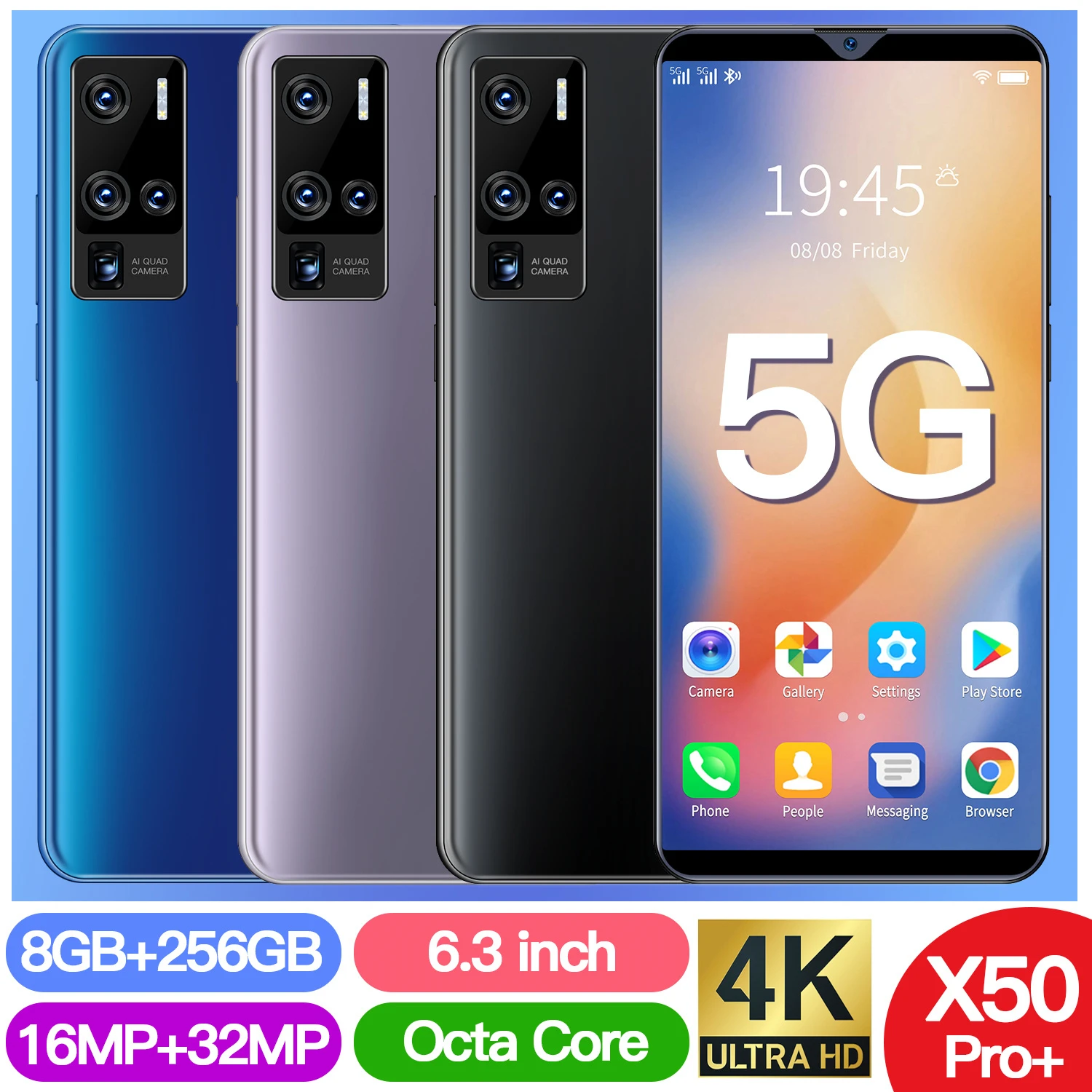 

X50 Pro+ 6.3 Inch Smartphones Android10 8+256GB Mobile Phone MTK6875 10-Core 4800mAh Battery Dual SIM Card 5G Network Cellphones