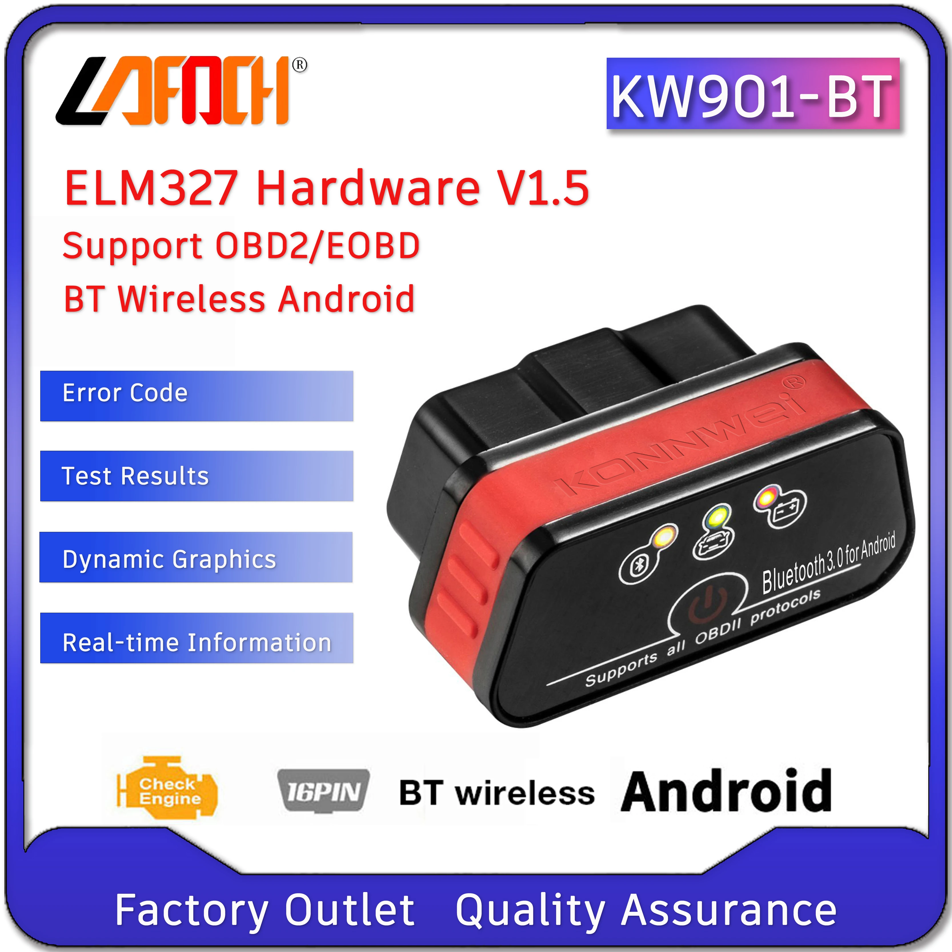 

Сканер диагностический LAFOCH KW901 ELM327, Bluetooth 3,0, ODB2 II, V1.5, PIC18F25K80