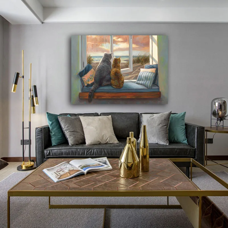 DIY картинки для раскраски по номерам с парой кошек наблюдая за закатом рисование