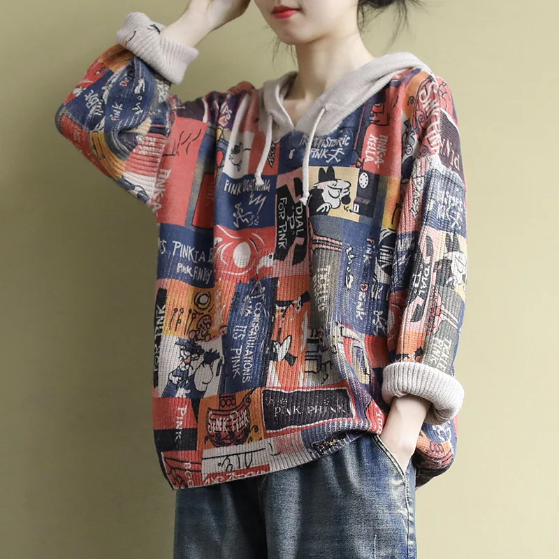 women's sweater 2019 retro literary long-sleeved hooded knit blouse autumn new print pattern wild ladies coat | Женская одежда