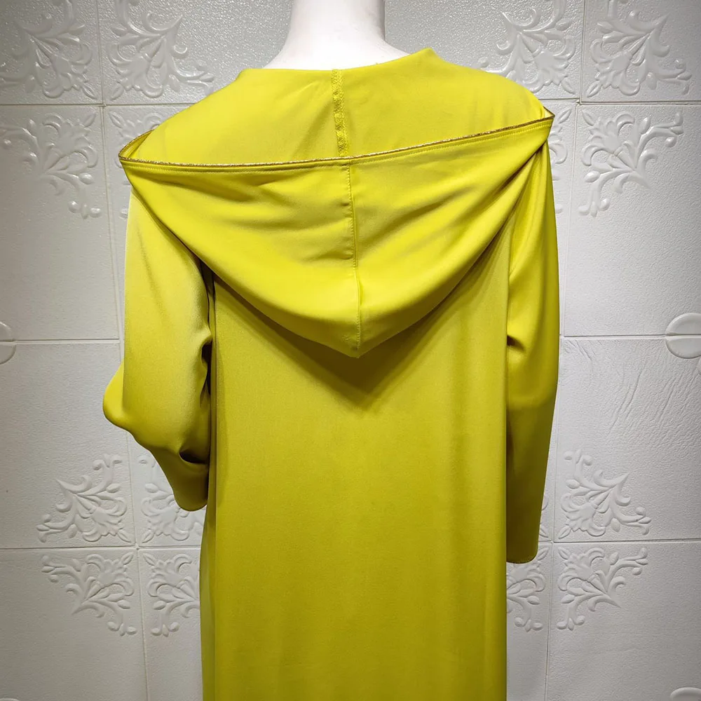 

Muslim Middle East 2021 Summer New Robe Diamond Webbing Solid Color Long SleeveWomen's Dress With Hood V-neck Casual Oversize