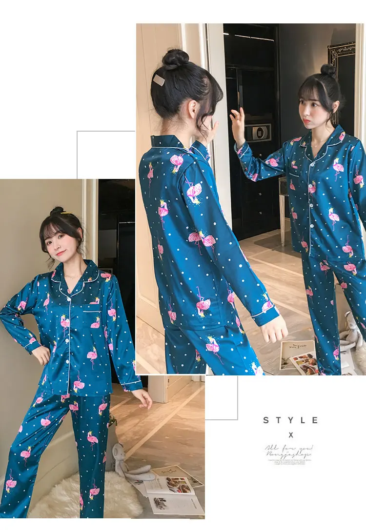 Имитация шелка осень весна кардиган с длинными рукавами пижамы костюм дамы досуг