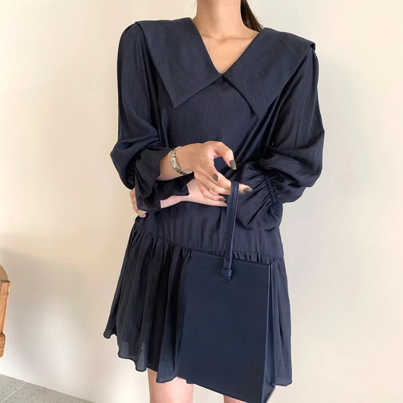 

KUSAHIKI Korean Spring Woman Dress Vintage Ruffle Causal Turn-down Collar Dresses Flare Sleeve 2021 New Vestidos Mujer 6G718