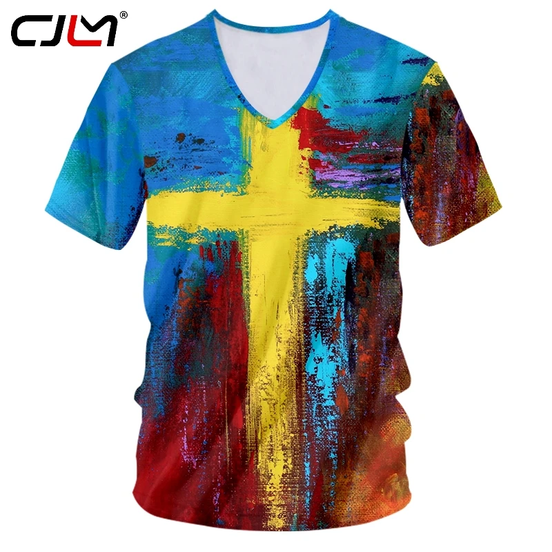

CJLM Новая Мужская модная футболка, повседневная Облегающая рубашка с V-образным вырезом, 3D принт Креста, живопись, мужской хип-хоп, красочный ...