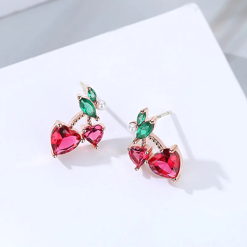 

Fashion Cute Cherry Crystal Stud Earrings For Women Students Elegant Pearl And Red Green Stone Holiday Mujer Moda Jewelry