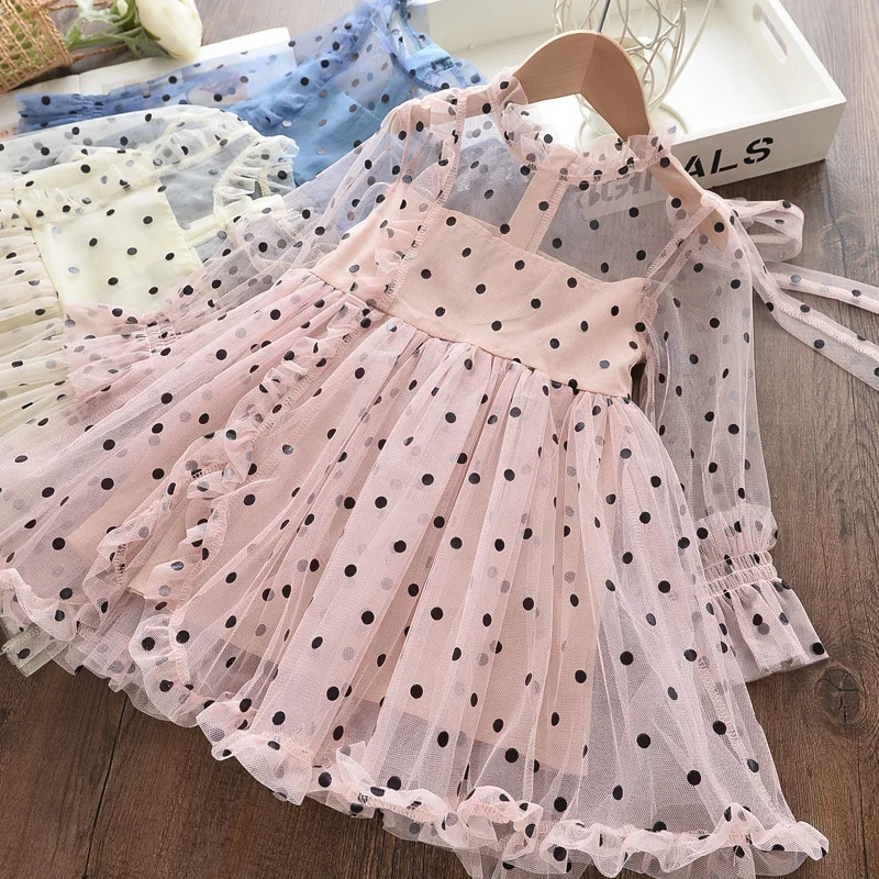 

Baby Girl Polka Dot Mesh Dress Long-Sleeved Ruffled Mid-Length Dress Summer Clothes (90/100/110/120/130)