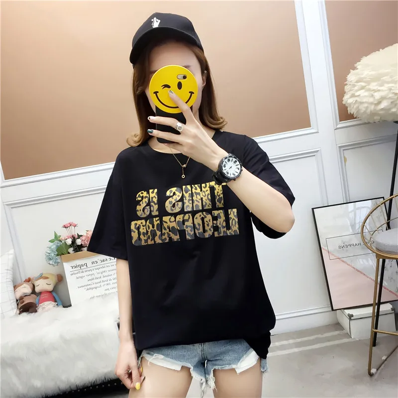 

Summer Women T Shirt Short Sleeve Leopard Letter Print Female Top Jumper Streetwear Loose Tees for Ladies Ins Comfortable Tops