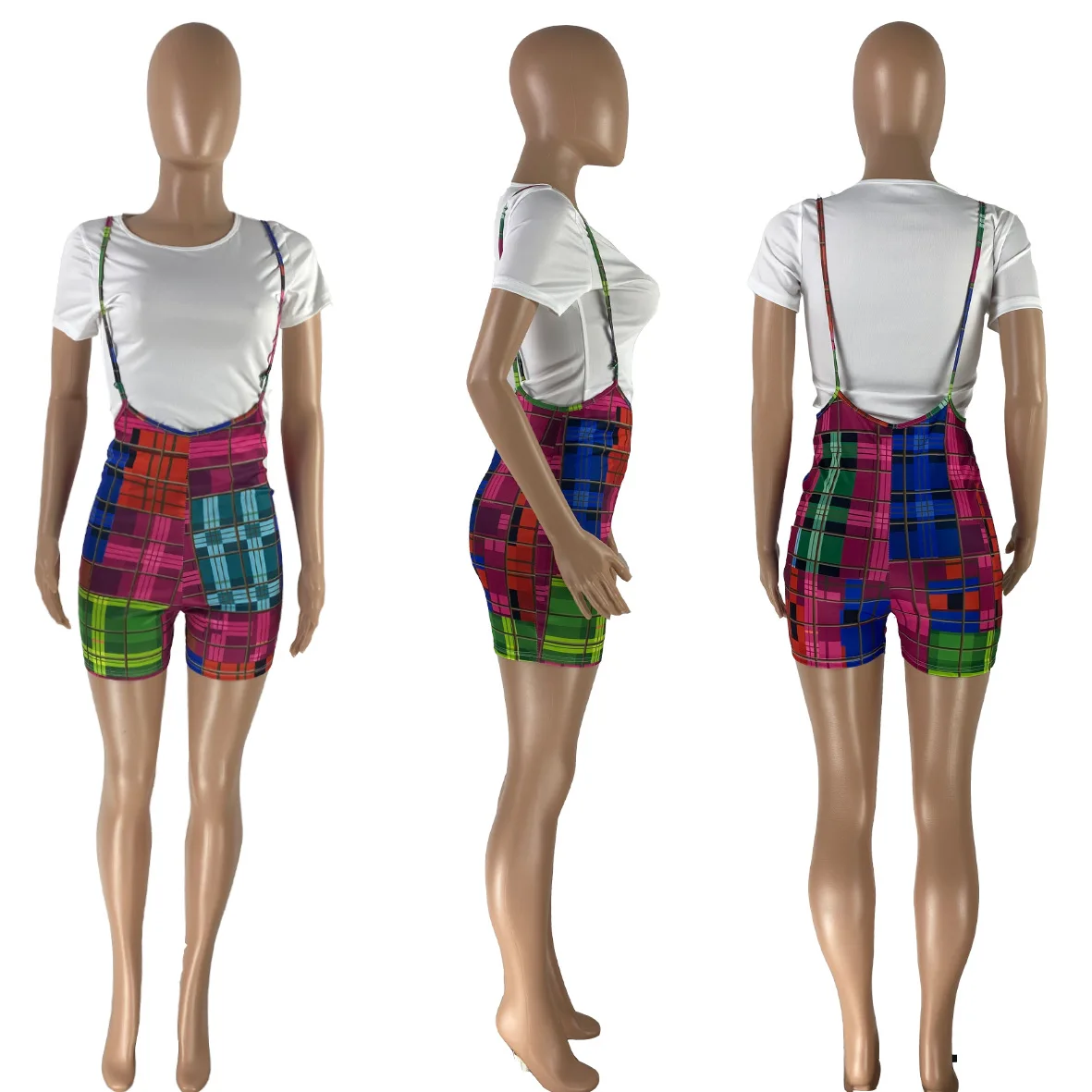 

Plaid Romper Shorts Women Fashionable Tops Jumpsuit Short Set With T-Shirt Cute Summer Outfits 2021