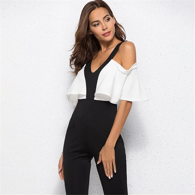 

Women Patchwork Ruffles Sexy V-neck Backless Jumpsuit Casual Rompers for Female Women High Waist Full Pants Jumpsuits 2021 New