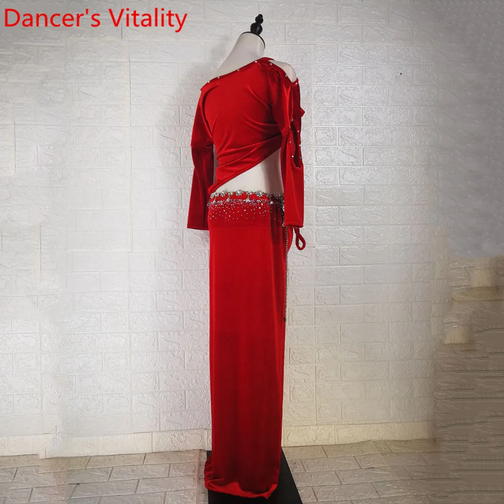 

Winter Belly Dance Group Practice Clothes Velour Diamond Drawstring Top Skirt Oriental Indian Dancing Performance Training Suit