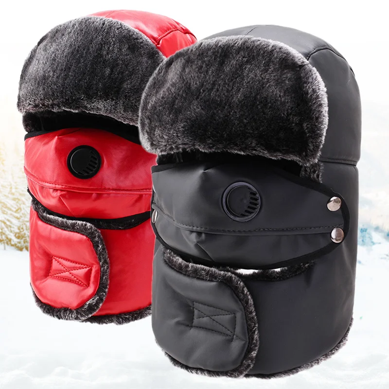 

Winter Warm Hats Men Women Bomber Caps Removable Mask Bonnet PU Leather Thick Lei Feng Bone Russia Czapka Zimowa Gorros Invierno
