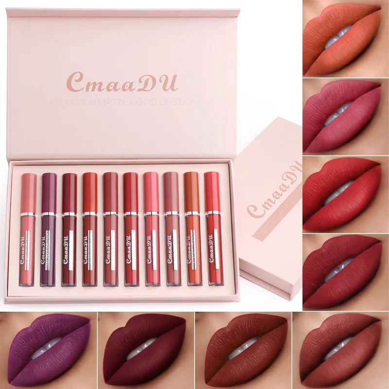 

Матовая жидкая помада в наборе 10 шт./кор. блеск для губ водостойкий стойкий макияж телесный бархатный оттенок Косметика Блеск для губ в комп...