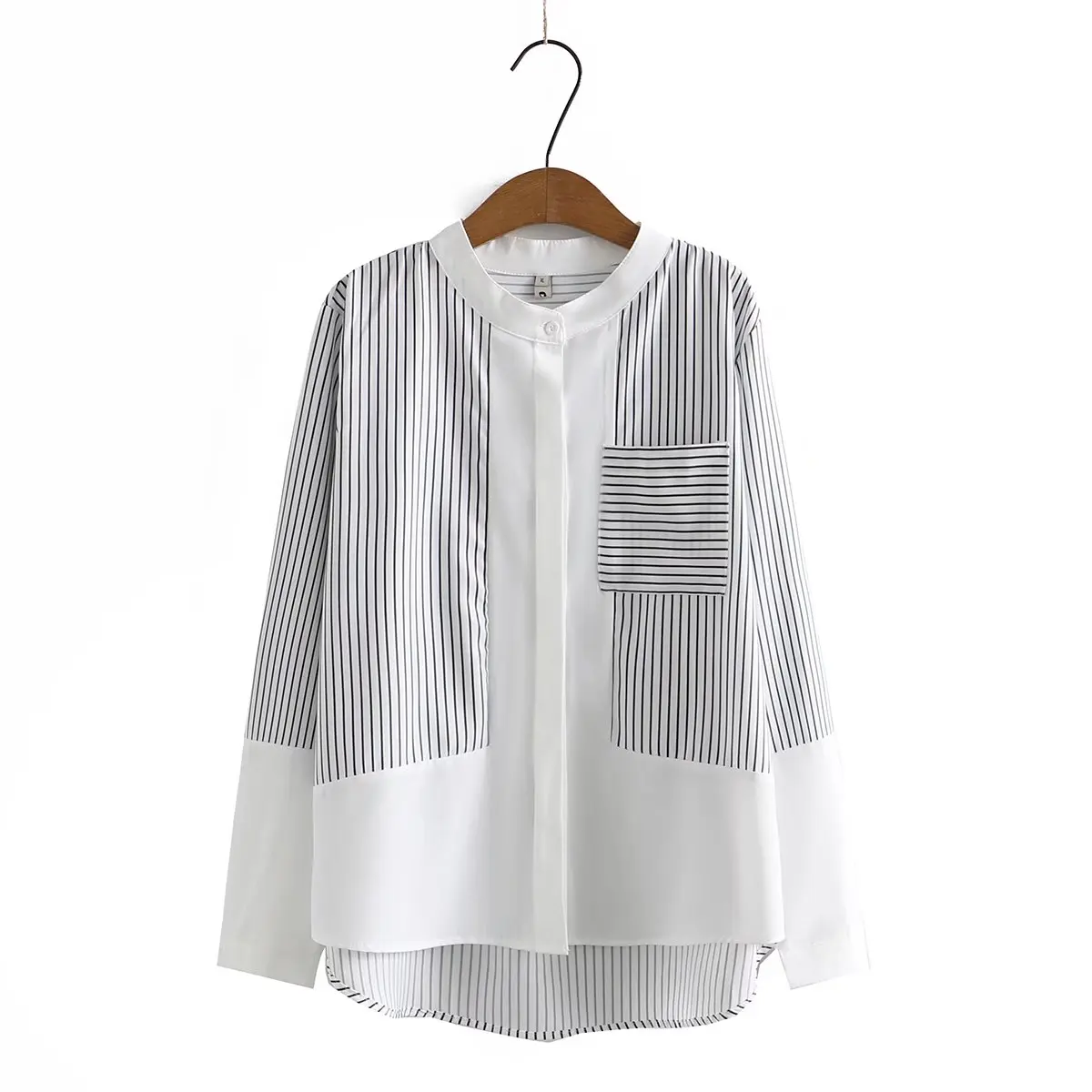 

Women's oversize shirt mandarin collar pocket woman blouses 2022 plus size spring autumn red black striped Female clothing